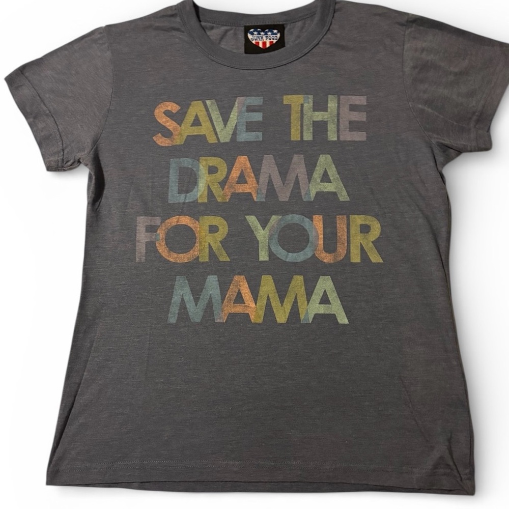 Junk Food Clothing Gray/Blue Tee with Multicolor Print